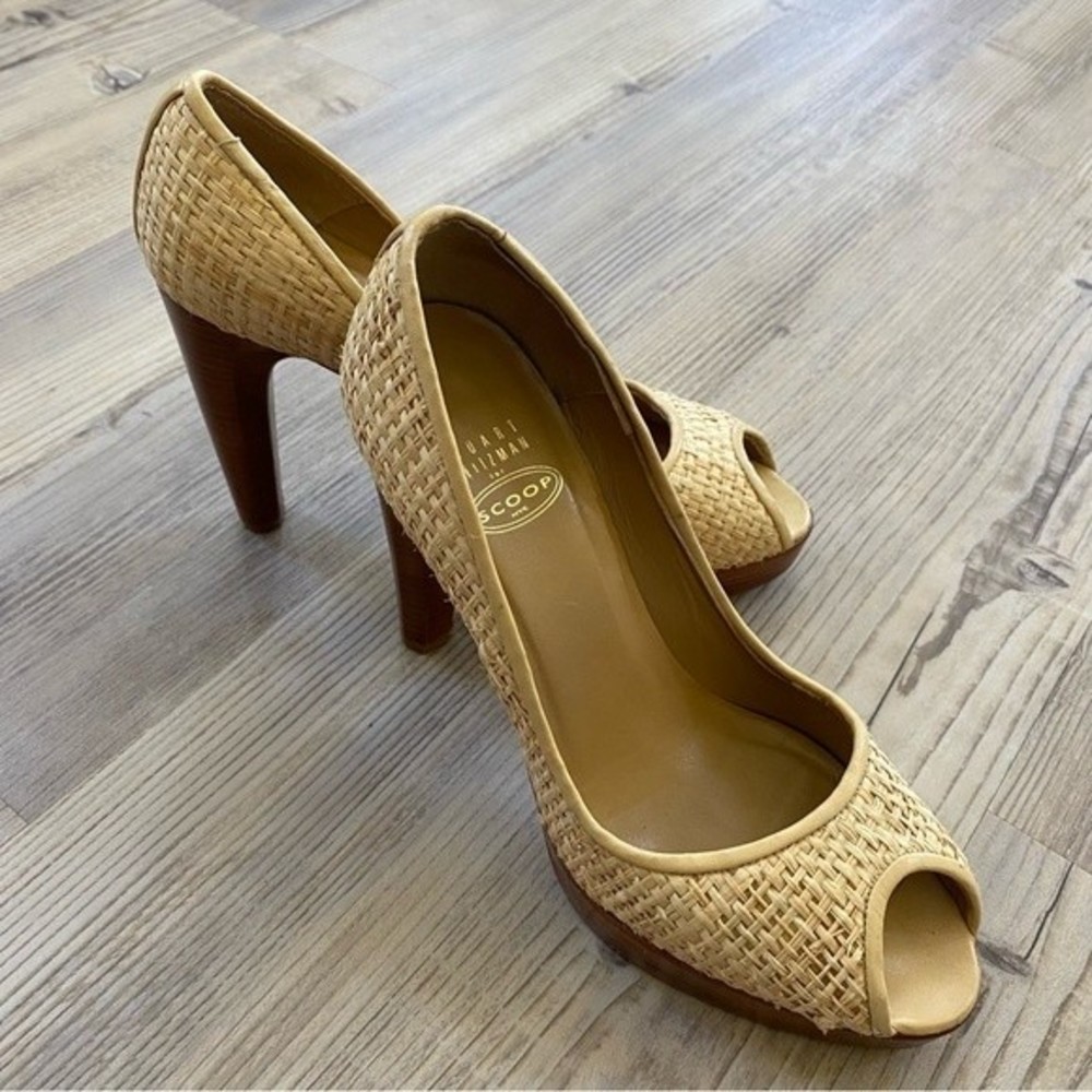 Stuart Weitzman for Scoop NYC, Tan woven straw platform heels, size 7